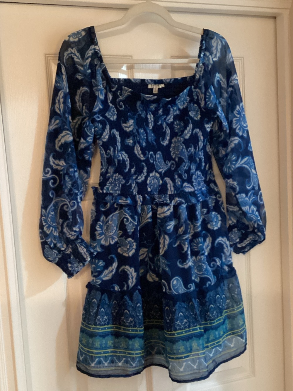 Blue Paisley Smocked-Waist Long-Sleeve Blouse